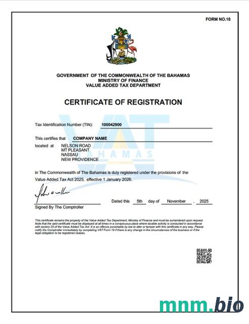 Bahamas świadectwo rejestracji VAT Word i PDF szablon